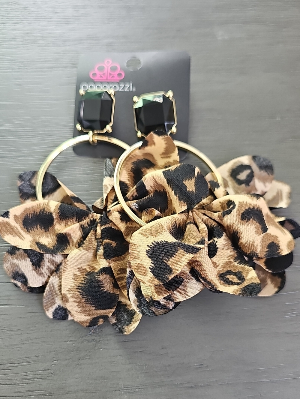 paparazzi Leopard Fabric Flower Hoop Earrings - Gold, Brown, Black
